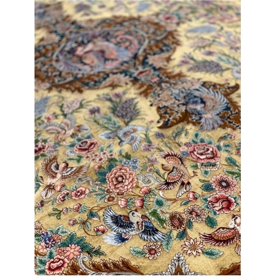 "Collectible wool and silk Persian carpet showcasing intricate craftsmanship."