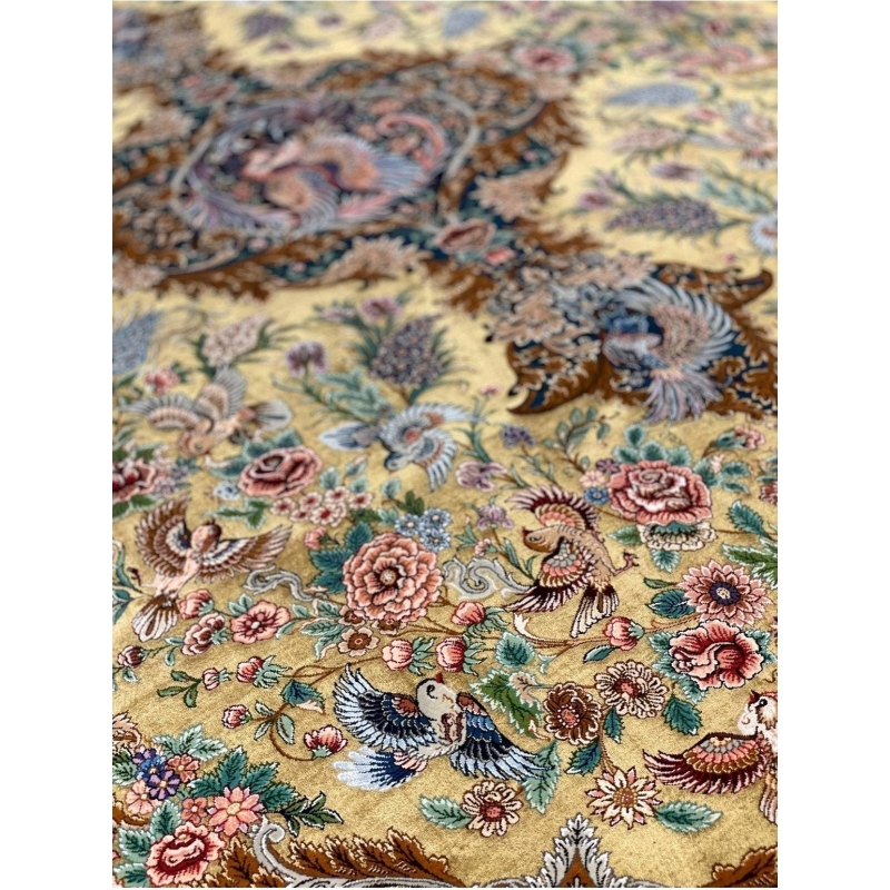 "Collectible wool and silk Persian carpet showcasing intricate craftsmanship."