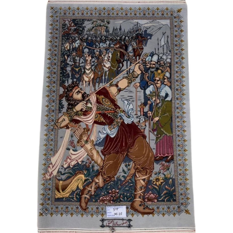 "Handcrafted pictorial Persian rug from Isfahan with a historical scene."