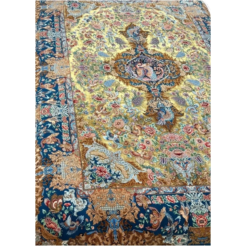 "Luxurious wool and silk rug with vibrant floral patterns."