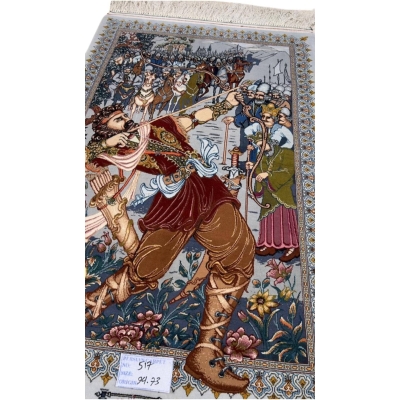 "Close-up of Isfahan pictorial rug showcasing fine detail by weaver Mohaghegh."