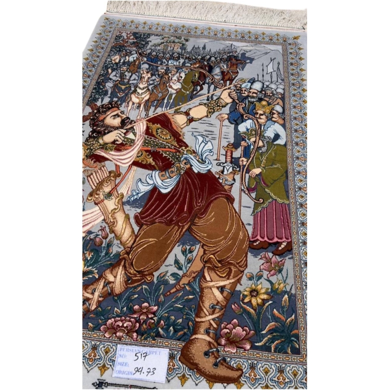 "Close-up of Isfahan pictorial rug showcasing fine detail by weaver Mohaghegh."