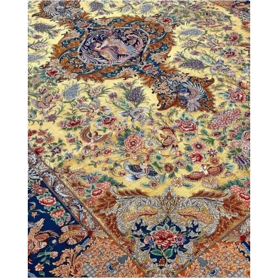 "Detailed view of wool and silk weave in an Isfahan Persian rug."