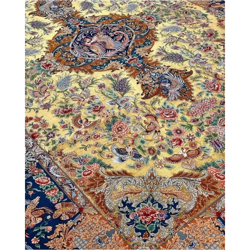 "Detailed view of wool and silk weave in an Isfahan Persian rug."