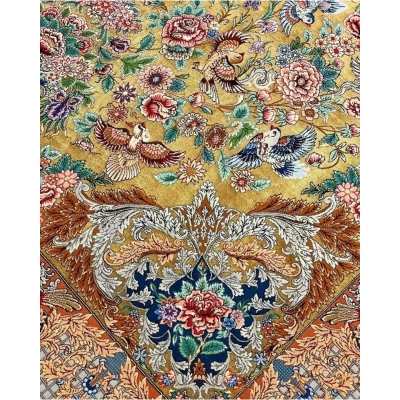"Hand-knotted Persian rug with golden silk highlights."