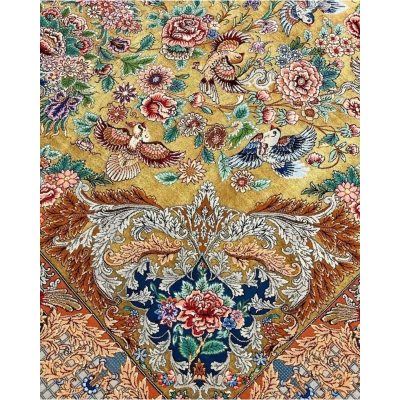 "Hand-knotted Persian rug with golden silk highlights."