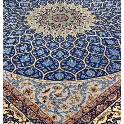 "Hand-knotted silk and wool rug in square shape by Davarie."