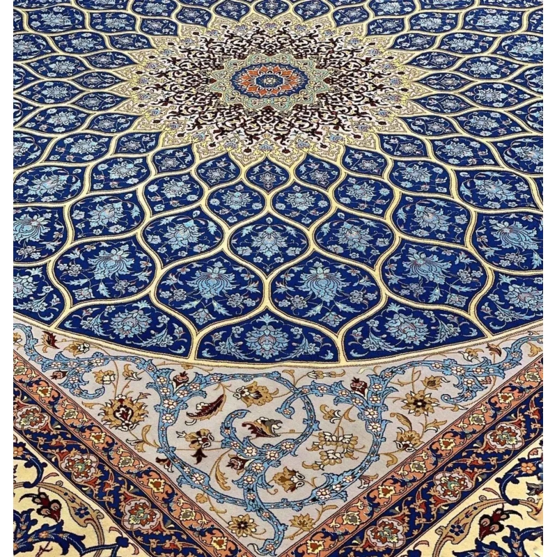"Hand-knotted silk and wool rug in square shape by Davarie."