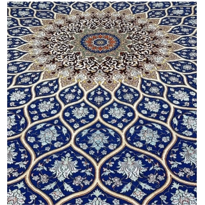 "Detailed view of silk and wool weave in Isfahan square rug."