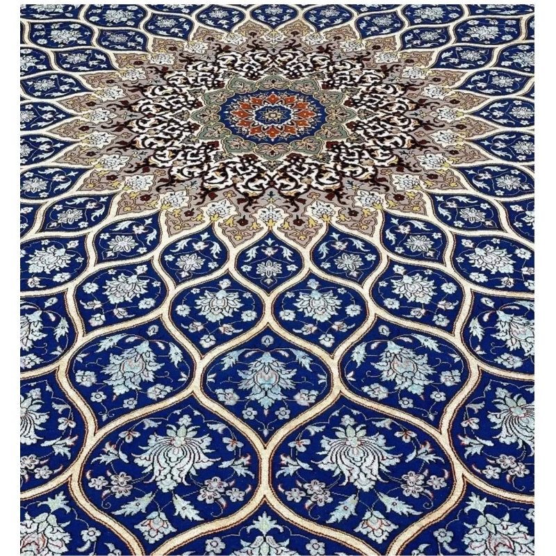 "Detailed view of silk and wool weave in Isfahan square rug."