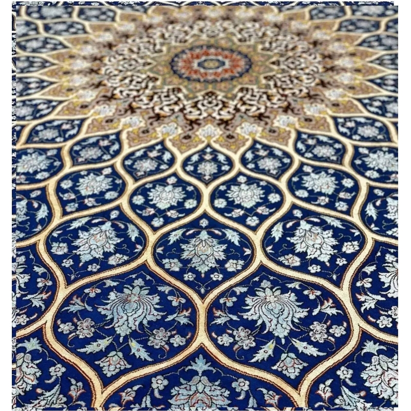 "Luxury square Persian rug with blue and gold dome-inspired pattern."