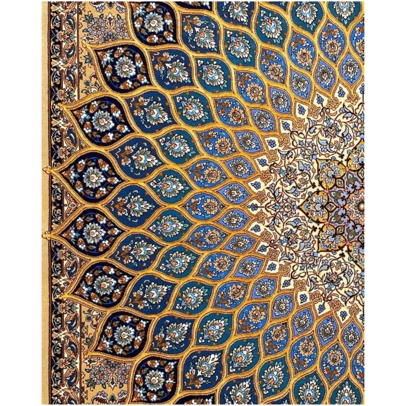 Hand-knotted wool and silk Persian Isfahan rug in blue and beige tones