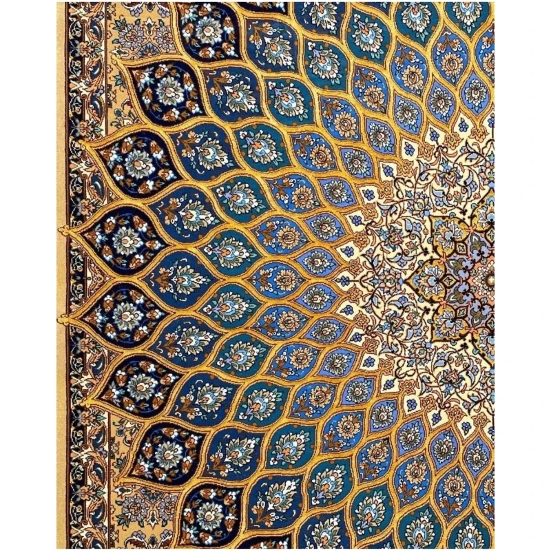 Hand-knotted wool and silk Persian Isfahan rug in blue and beige tones