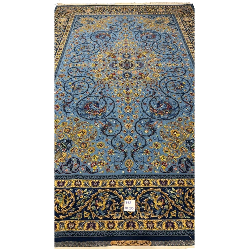 Luxurious blue Persian rug with intricate silk and wool patterns