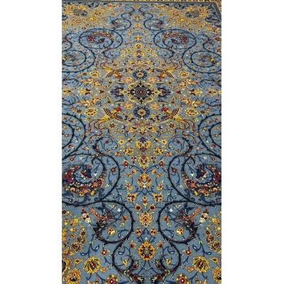 Traditional blue Persian carpet with floral designs and fine details