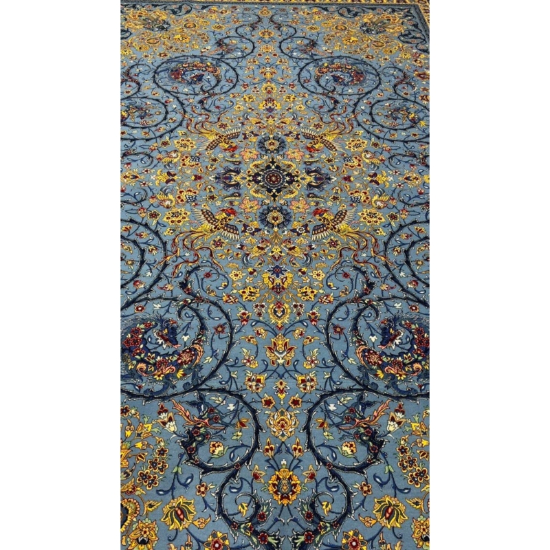 Traditional blue Persian carpet with floral designs and fine details