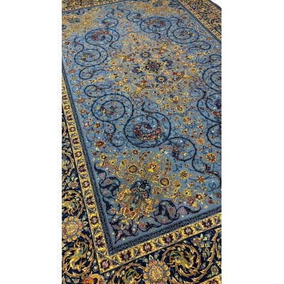 Blue Persian rug with intricate floral and vine patterns, hand-knotted by Mirzaie