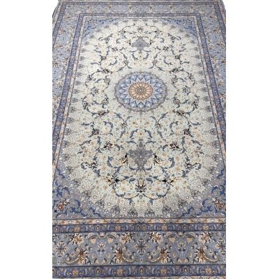 "Hand-knotted light blue Isfahan Persian rug, 303x207 cm, silk and wool blend, by Taghie Zadeh."
