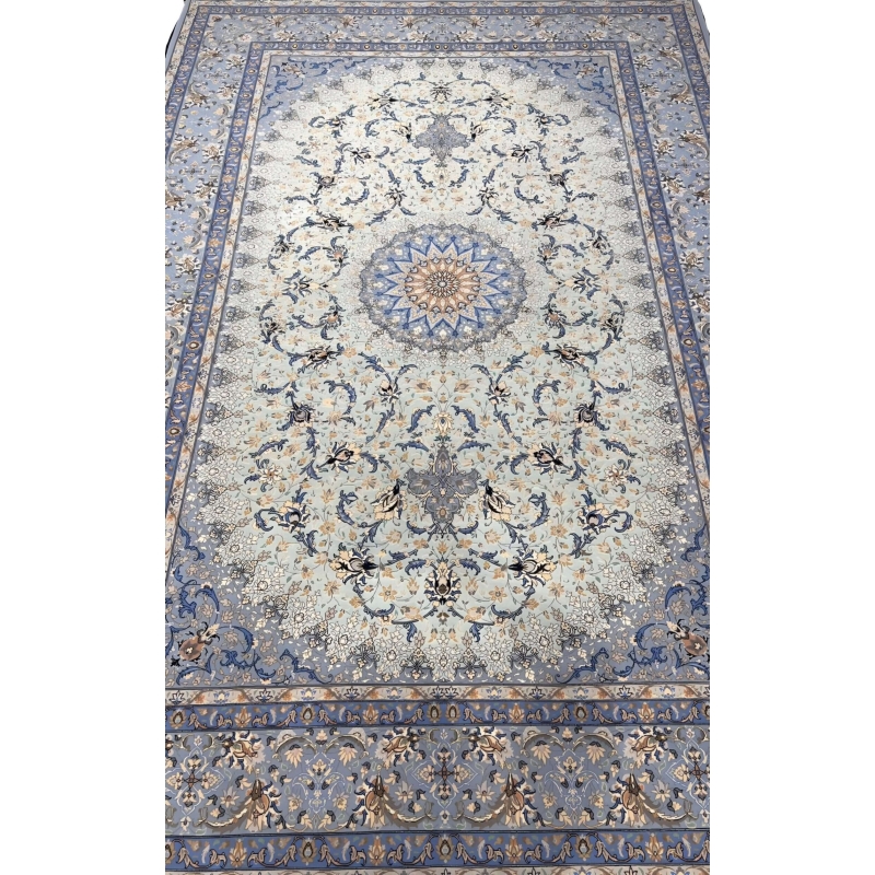 "Hand-knotted light blue Isfahan Persian rug, 303x207 cm, silk and wool blend, by Taghie Zadeh."