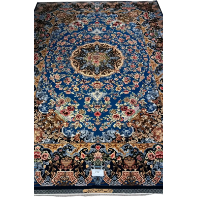"Elegant Persian rug by Mirzaie, featuring silk and wool blend, handcrafted in Isfahan, Iran."
