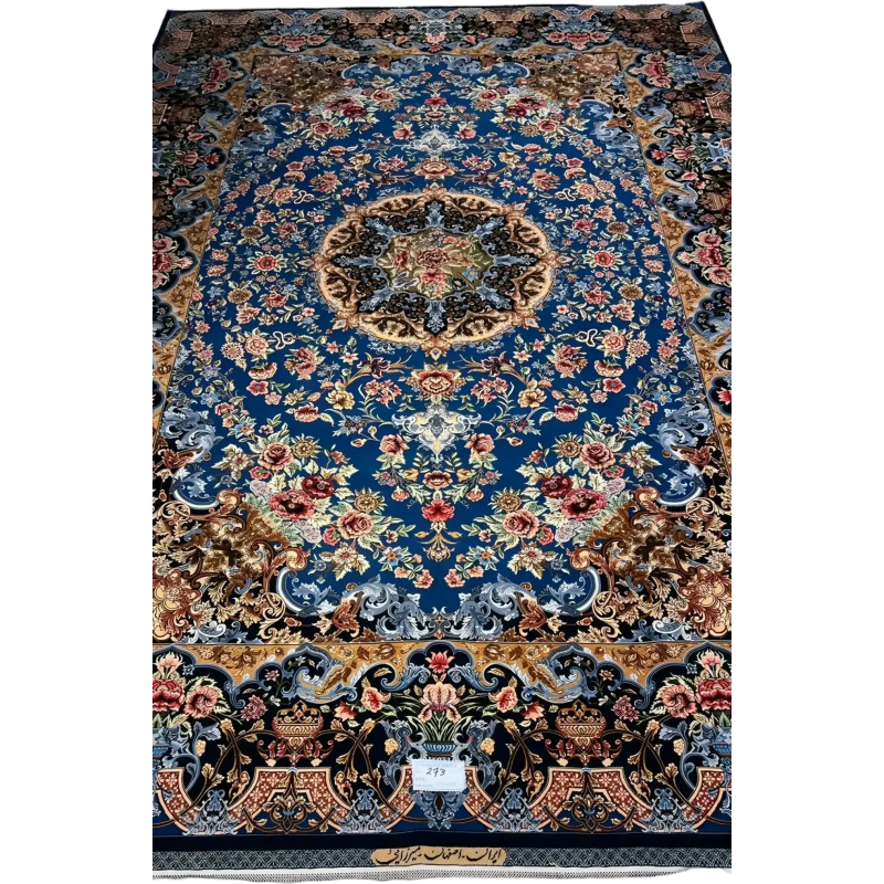 "Elegant Persian rug by Mirzaie, featuring silk and wool blend, handcrafted in Isfahan, Iran."