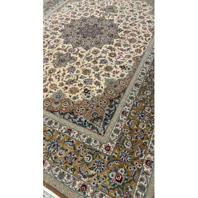 Corner perspective of the elegant beige Iranian rug with hand-knotted craftsmanship