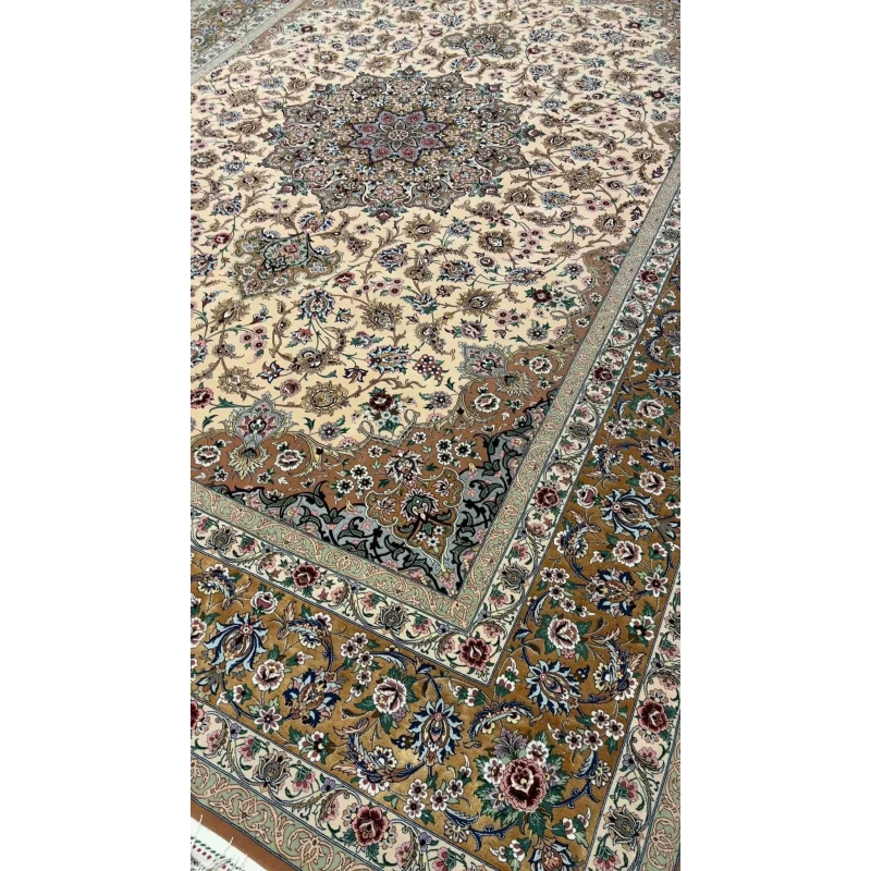 Corner perspective of the elegant beige Iranian rug with hand-knotted craftsmanship