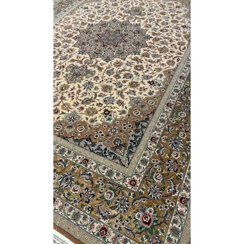 Corner perspective of the elegant beige Iranian rug with hand-knotted craftsmanship