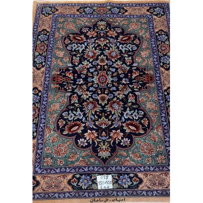 "Hand-knotted Persian rug made of wool and silk, crafted by Ali Samani in Isfahan, featuring intricate floral patterns. Ideal for luxury home decor." 