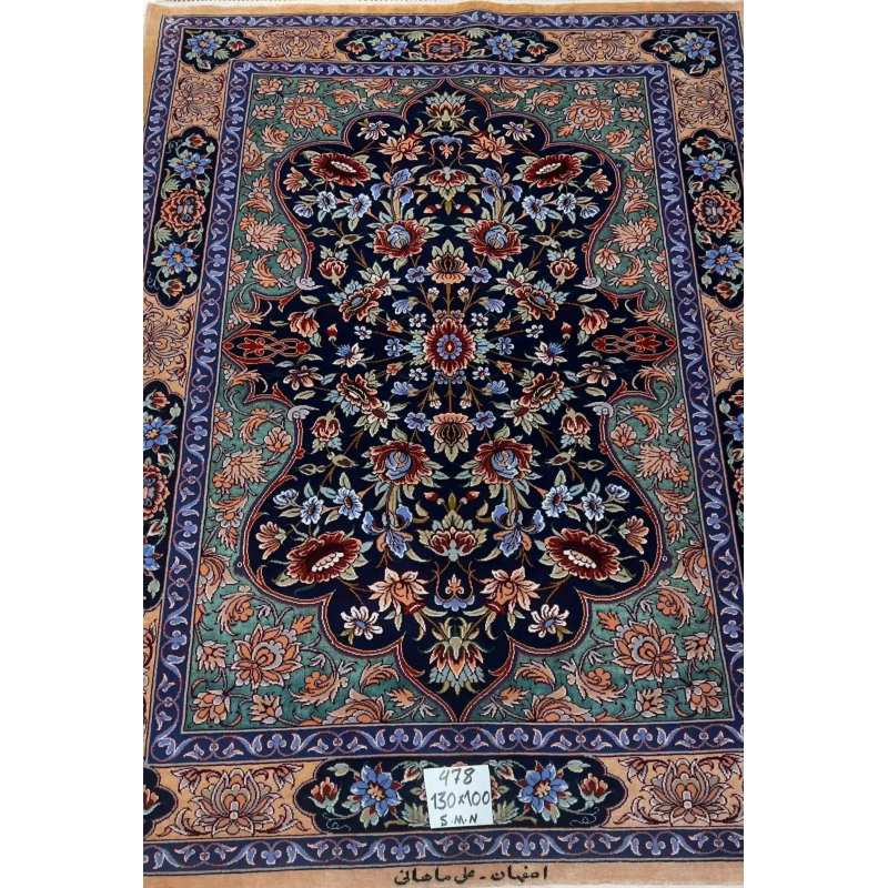 "Hand-knotted Persian rug made of wool and silk, crafted by Ali Samani in Isfahan, featuring intricate floral patterns. Ideal for luxury home decor."