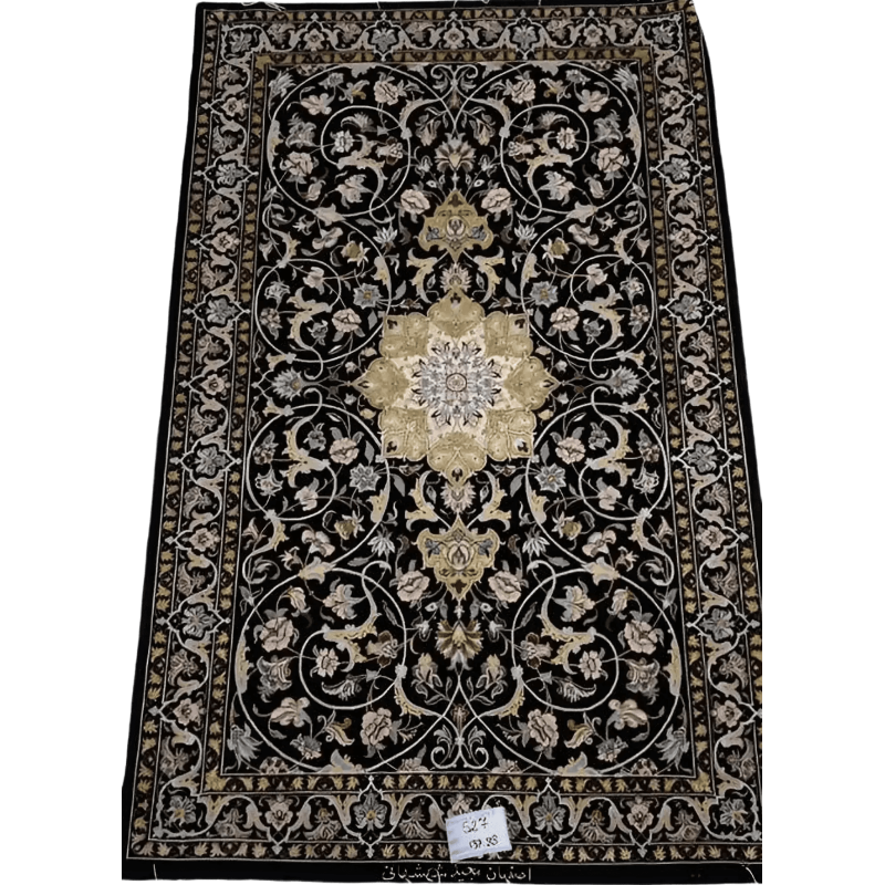 "Authentic hand-knotted Persian rug from Isfahan, Iran, crafted from wool and silk by weaver Shahshani. Measuring 137 cm x 88 cm (4.5 x 2.9 feet), this elegant rug features a knot density of 810,000 knots per square meter, showcasing intricate traditional craftsmanship."