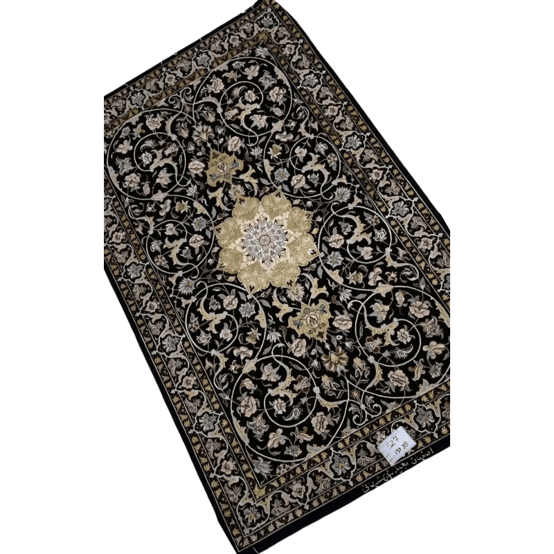 "Handmade Persian rug with wool and silk blend, crafted in Isfahan by weaver Shahshani. The rug measures 137 cm x 88 cm (4.5 x 2.9 feet) with exquisite detailing, perfect for adding a touch of luxury and cultural heritage to any space."