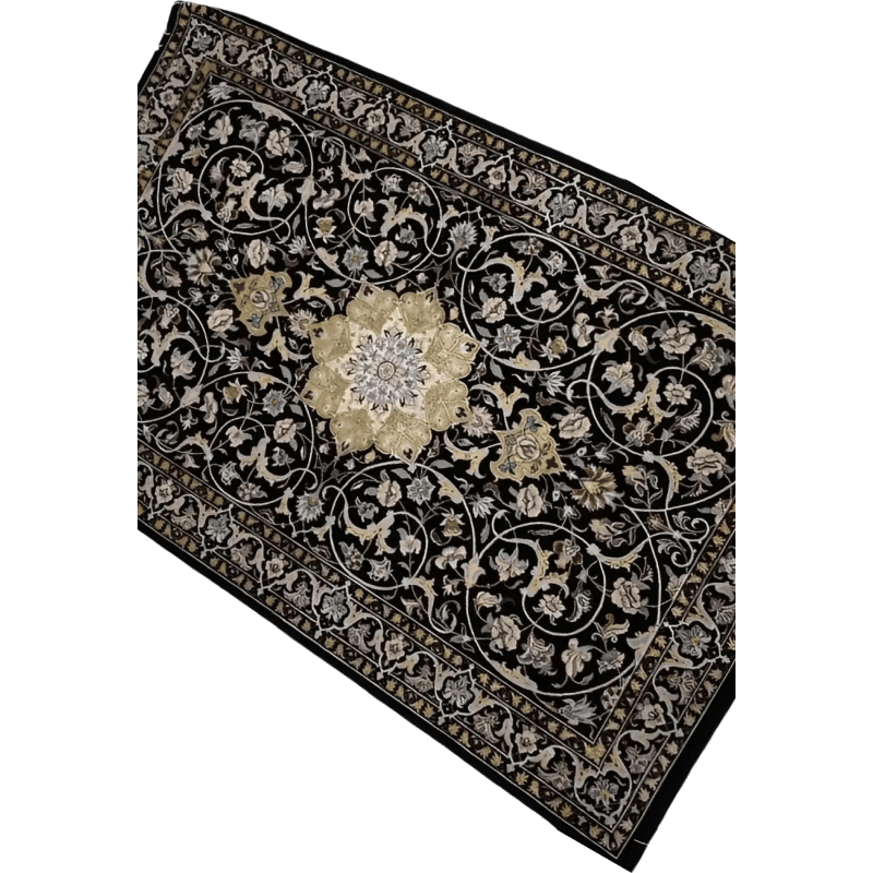 "Persian hand-knotted rug from Isfahan, made with wool and silk, featuring intricate floral patterns. This 137 cm x 88 cm (4.5 x 2.9 feet) masterpiece, created by weaver Shahshani, offers a luxurious texture and rich cultural history."