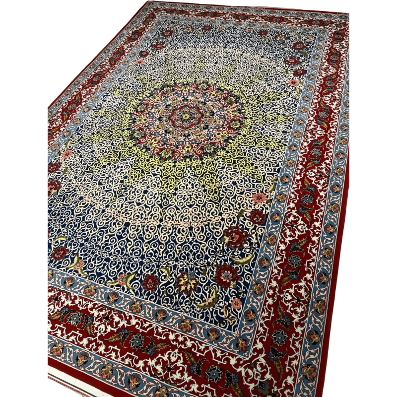 An expansive Haghighie rug showcasing a vibrant, multicolored pattern