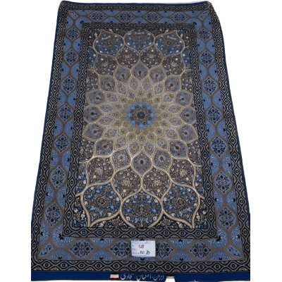 "Hand-knotted Persian rug made of wool and silk, featuring a luxurious design with intricate patterns. Measuring approximately 130 cm x 83 cm (4.2 x 2.7 feet), the rug is crafted in Isfahan, Iran. It has a knot density of 810,000 knots per square meter and is new, woven by the skilled weaver Sajadie. The rug’s blend of wool and silk provides both durability and elegance."