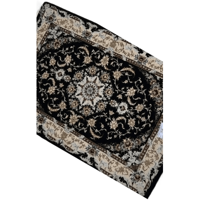 "Iranian carpet featuring floral motifs and a central medallion on a dark background"