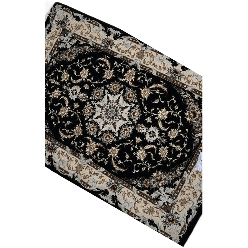 "Iranian carpet featuring floral motifs and a central medallion on a dark background"