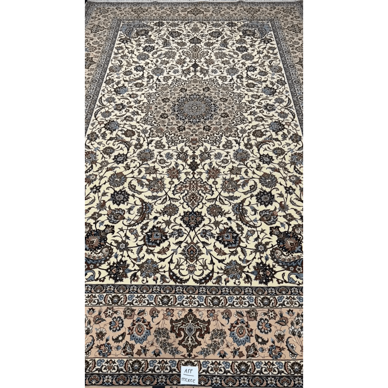Luxurious Persian carpet knotted by hand in Isfahan, featuring an intricate floral medallion pattern, with a knot density of 810,000 per m².