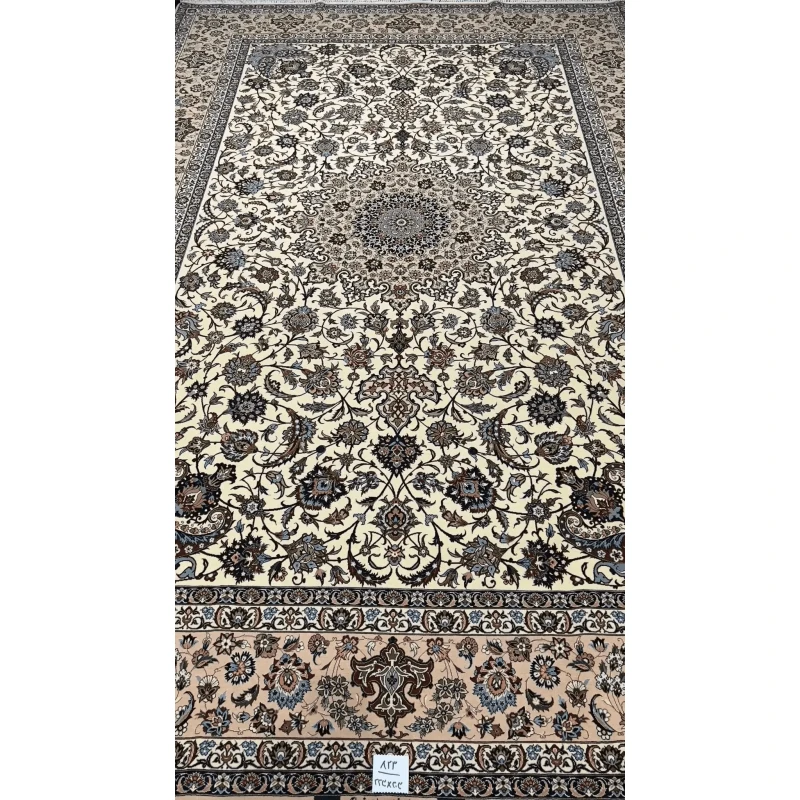 Luxurious Persian carpet knotted by hand in Isfahan, featuring an intricate floral medallion pattern, with a knot density of 810,000 per m².