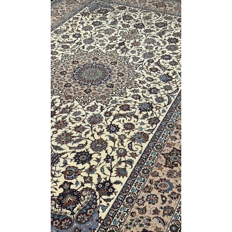 New Isfahan rug for sale, handmade with silk warp and wool-silk pile, measuring 10.5 x 7.2 feet, perfect for elegant home interiors.