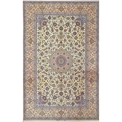 Handmade Isfahan Persian rug with traditional medallion design, crafted in Iran using silk and wool, measuring 323 cm x 203 cm.

