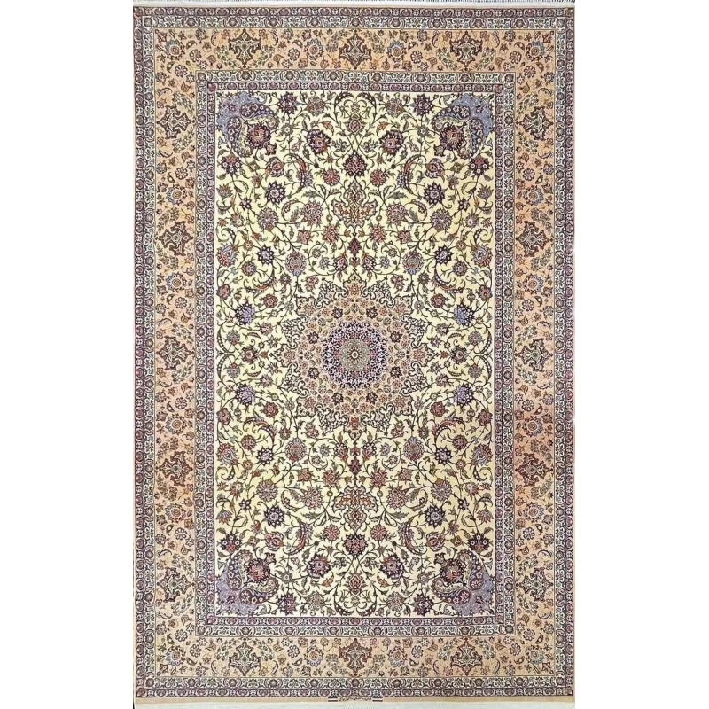 Handmade Isfahan Persian rug with traditional medallion design, crafted in Iran using silk and wool, measuring 323 cm x 203 cm.