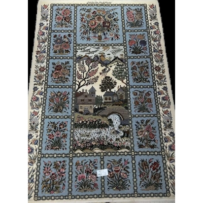 "Hand-knotted Rasooli Persian rug, size 165 cm x 110 cm, featuring intricate floral designs and a scenic landscape, crafted in Isfahan, Iran."