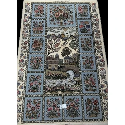 "Hand-knotted Rasooli Persian rug, size 165 cm x 110 cm, featuring intricate floral designs and a scenic landscape, crafted in Isfahan, Iran."
