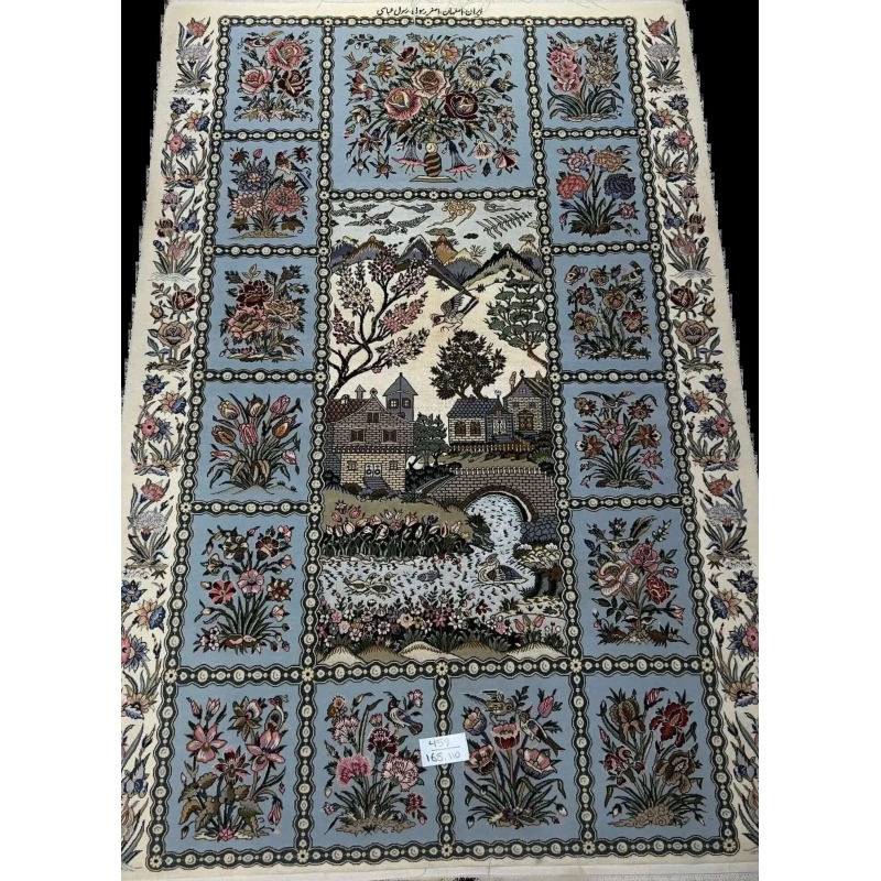"Hand-knotted Rasooli Persian rug, size 165 cm x 110 cm, featuring intricate floral designs and a scenic landscape, crafted in Isfahan, Iran."