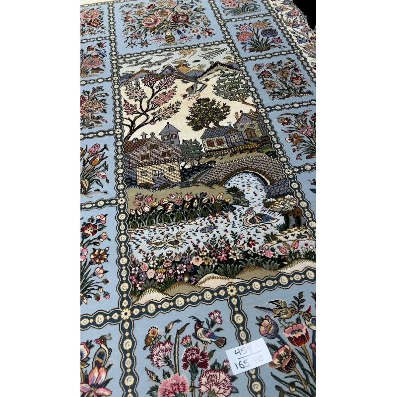 "Oriental Persian rug by Rasooli, luxurious silk and wool blend, hand-knotted in Isfahan, 5.4 feet x 3.6 feet size, perfect for elevating any home decor."