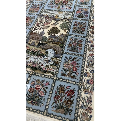 "Beautiful Isfahan Persian carpet, 165 cm x 110 cm, featuring floral and scenic patterns, made with wool and silk, available for sale online."