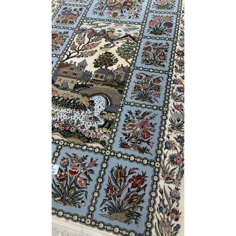 "Beautiful Isfahan Persian carpet, 165 cm x 110 cm, featuring floral and scenic patterns, made with wool and silk, available for sale online."