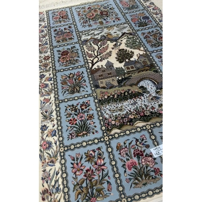 "5.4 ft Persian rug by Rasooli, made with silk and wool, hand-knotted with a knot density of 640,000/m², elegant oriental rug from Isfahan."