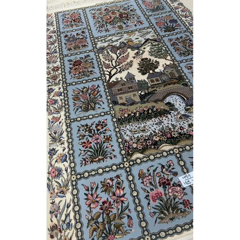 "5.4 ft Persian rug by Rasooli, made with silk and wool, hand-knotted with a knot density of 640,000/m², elegant oriental rug from Isfahan."